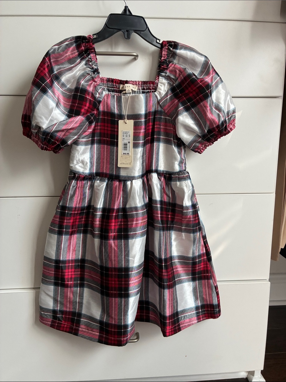 NWT Copper Key Girls Red Plaid Taffeta Puff-Sleeve Dress w/ side pockets Size 6